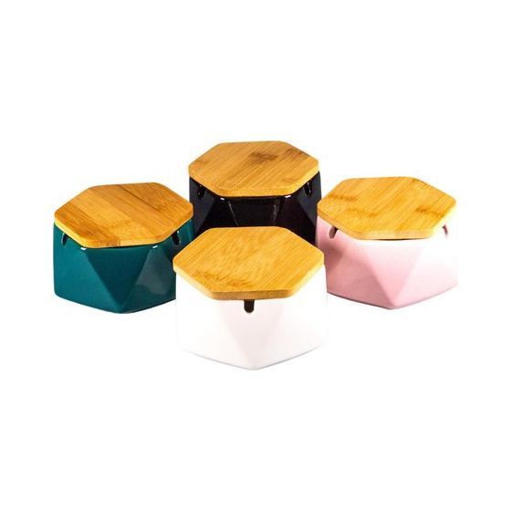 Cendrier en céramique avec couvercle en bambou, noir, 11,5 cm